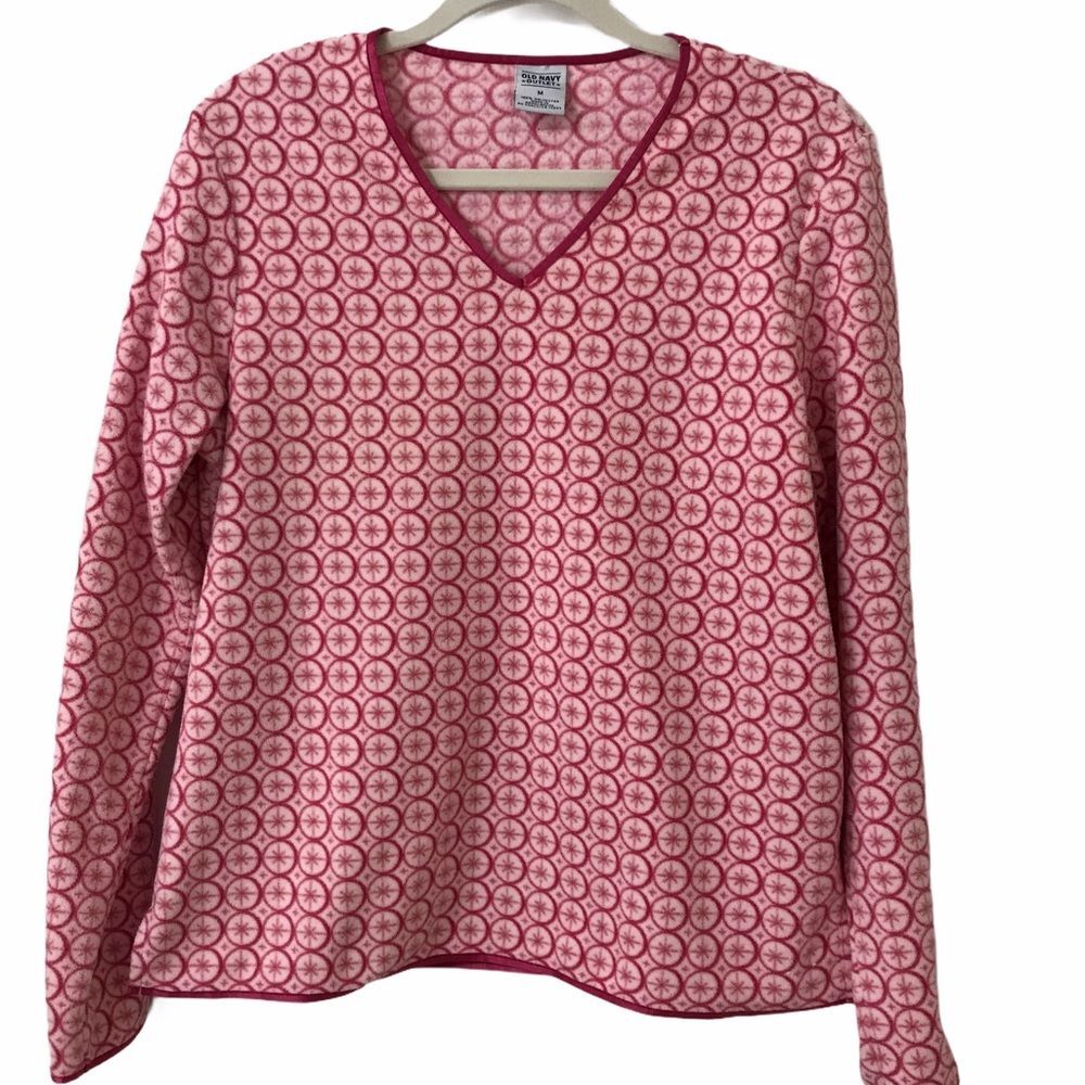 Old Navy Fleece V-Neck Sweater Top Y2K Soft Cozy Geometric Pullover Pink Women M
